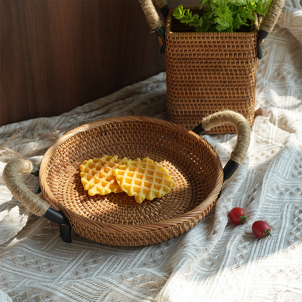 Natural Rattan Storage Basket Series with Hemp Rope Handles