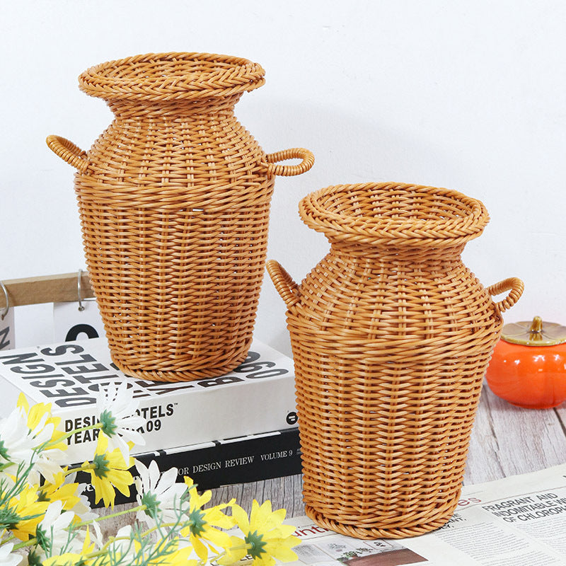 Rattan-like Double-eared Retro Decorative Vase