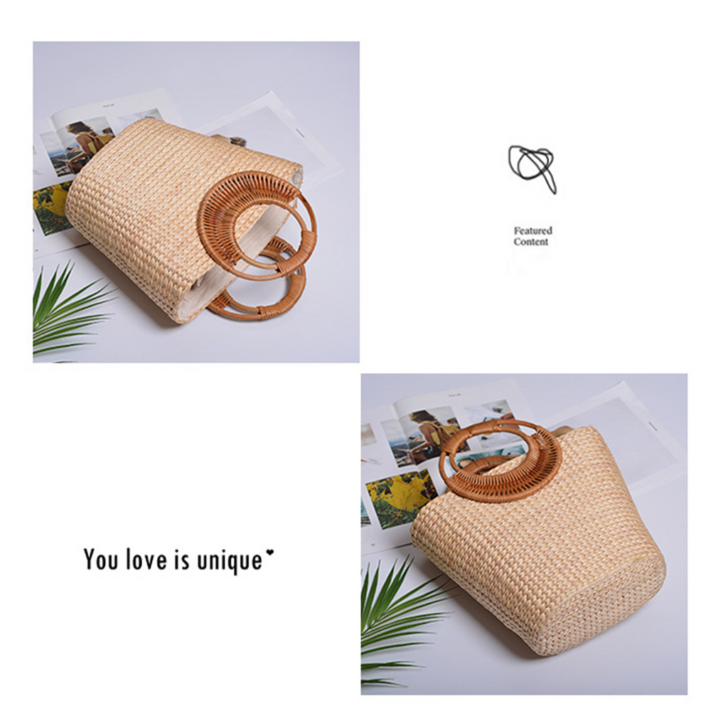 Straw-woven moon-shaped handle handbag