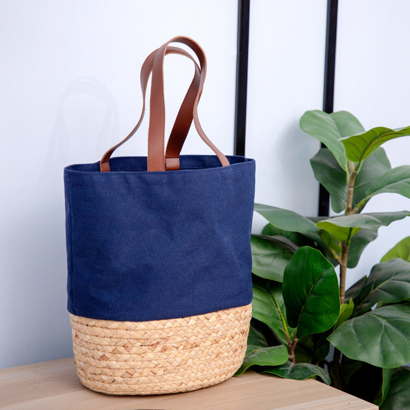 Navy blue canvas straw woven color-block tote bag