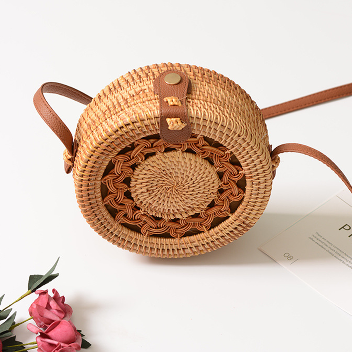 Sunny Warmth Hollow-out Rattan Woven Round Crossbody Bag