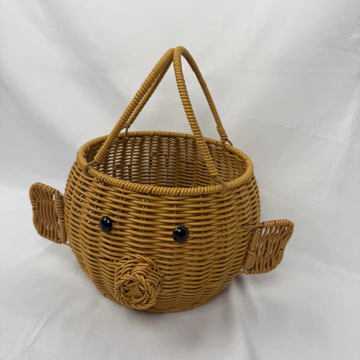 Cartoon pig-shaped rattan-like woven handbag storage basket