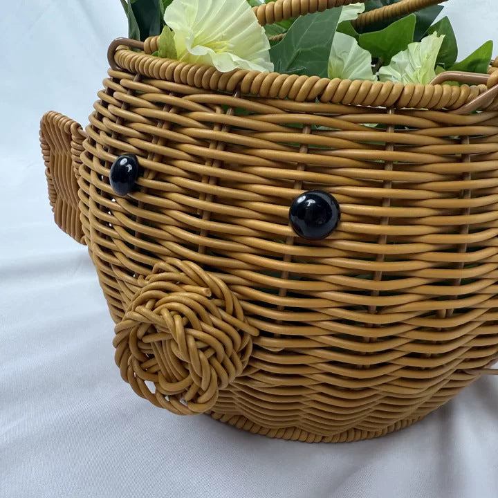 Cartoon pig-shaped rattan-like woven handbag storage basket