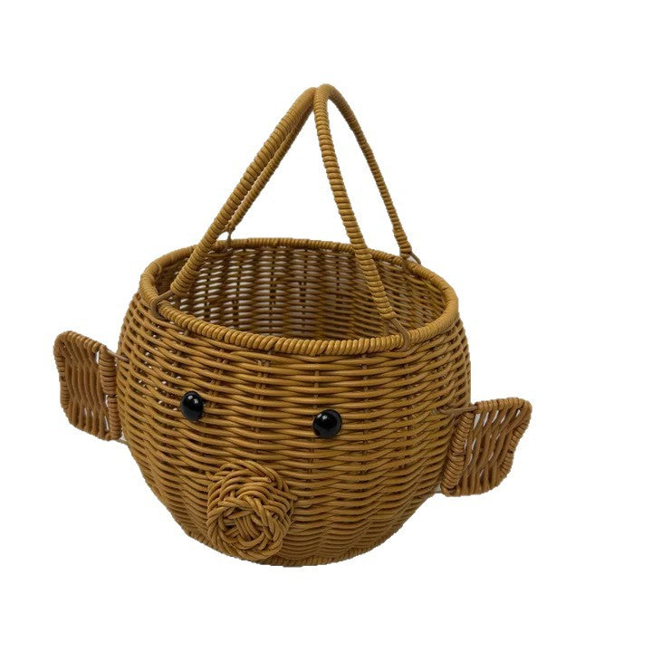 Cartoon pig-shaped rattan-like woven handbag storage basket