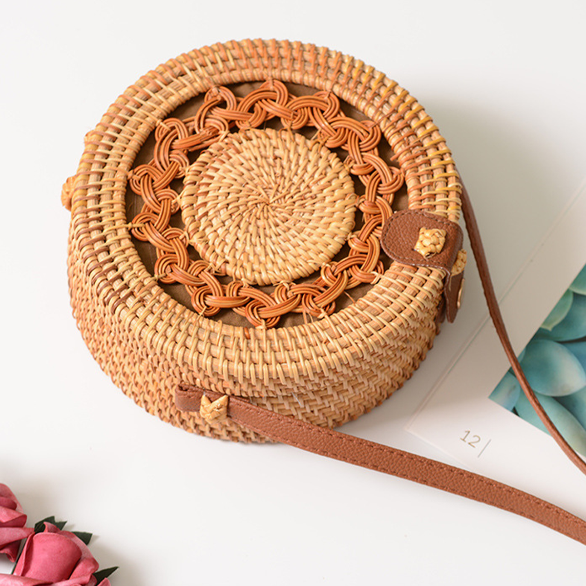 Sunny Warmth Hollow-out Rattan Woven Round Crossbody Bag