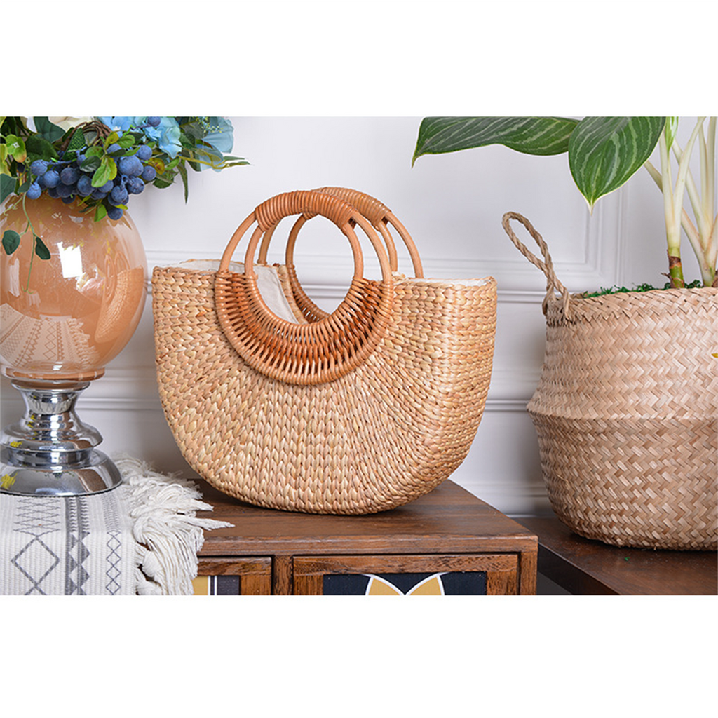 Natural straw woven moon-shaped rattan handle handbag