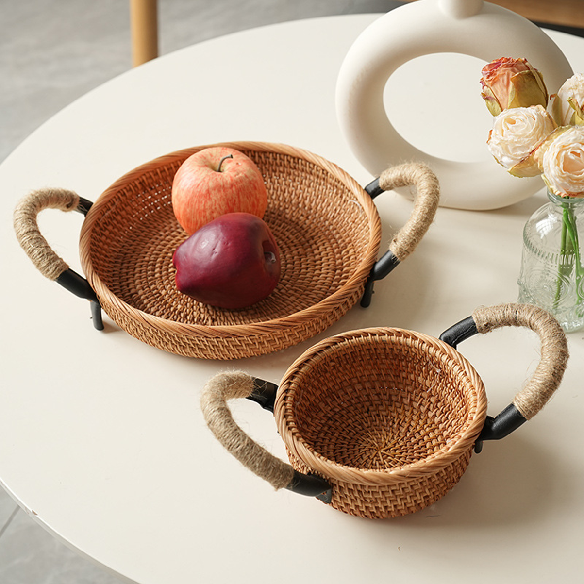 Natural Rattan Storage Basket Series with Hemp Rope Handles