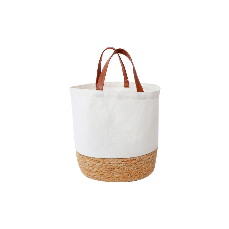 Canvas straw woven color-block cylinder handbag