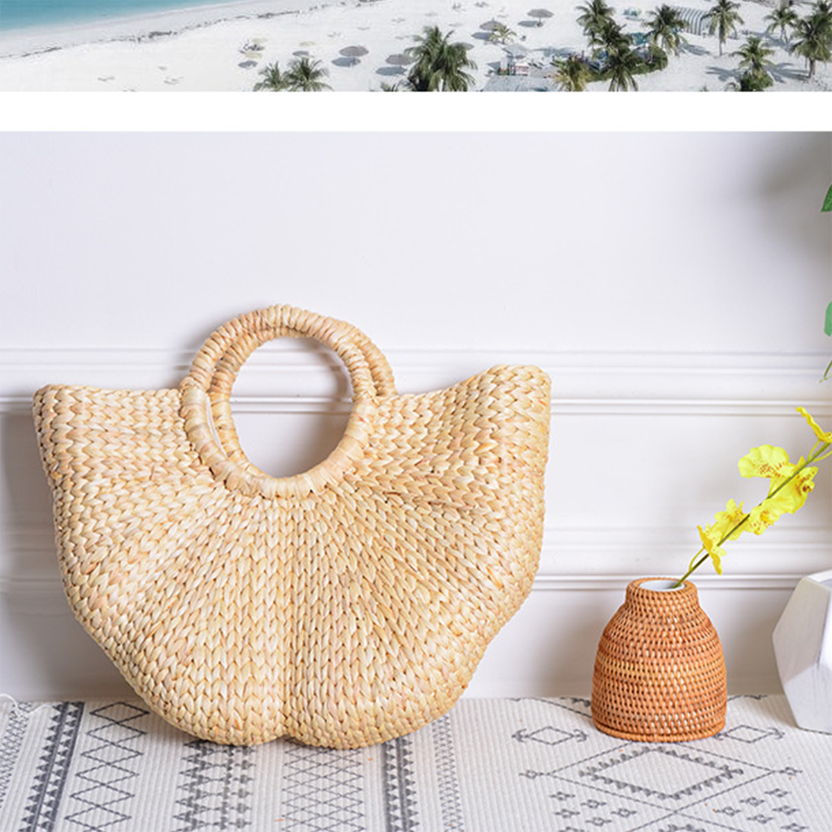 Straw Woven Wave Handheld Tote Bag