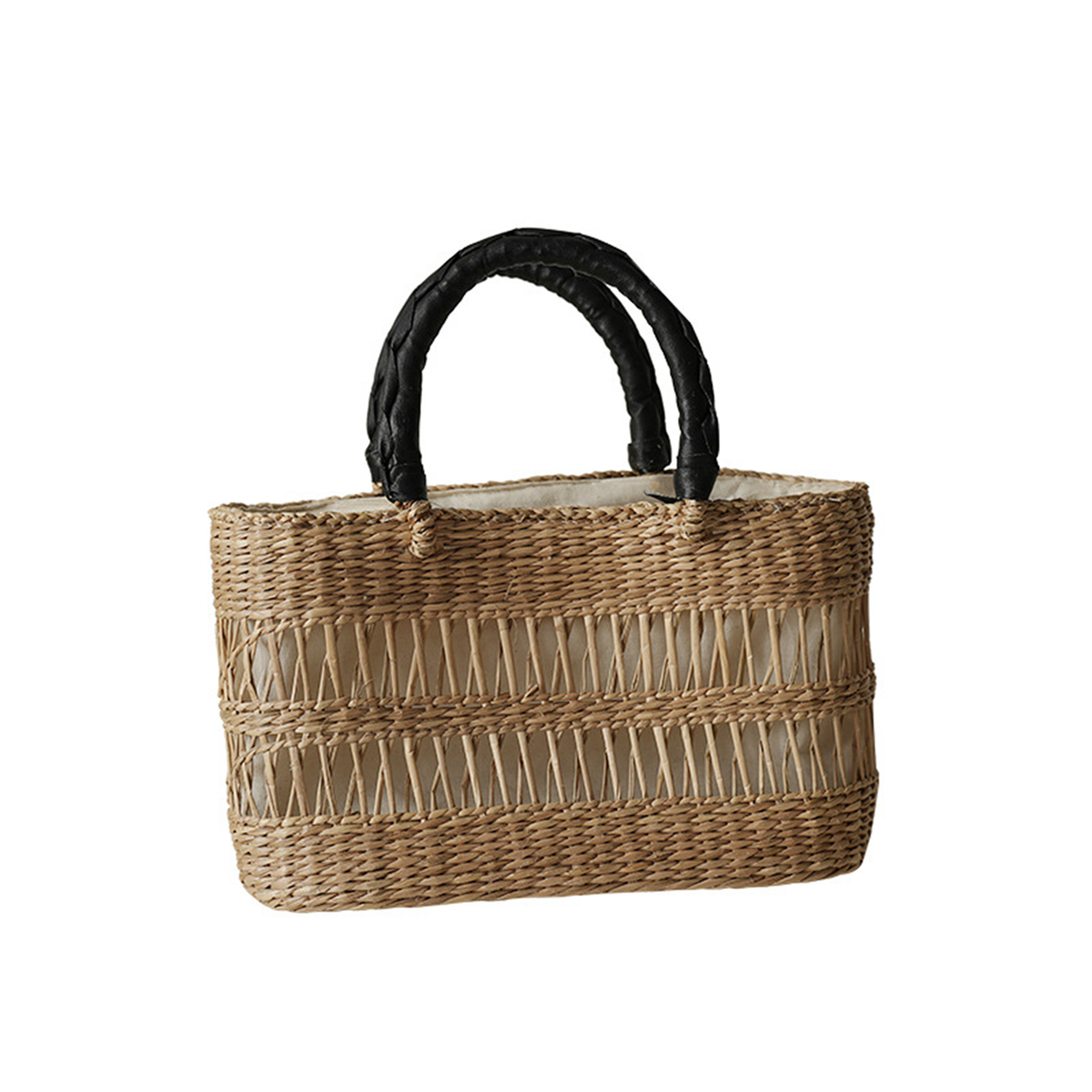 Natural straw woven hollow-out striped handbag