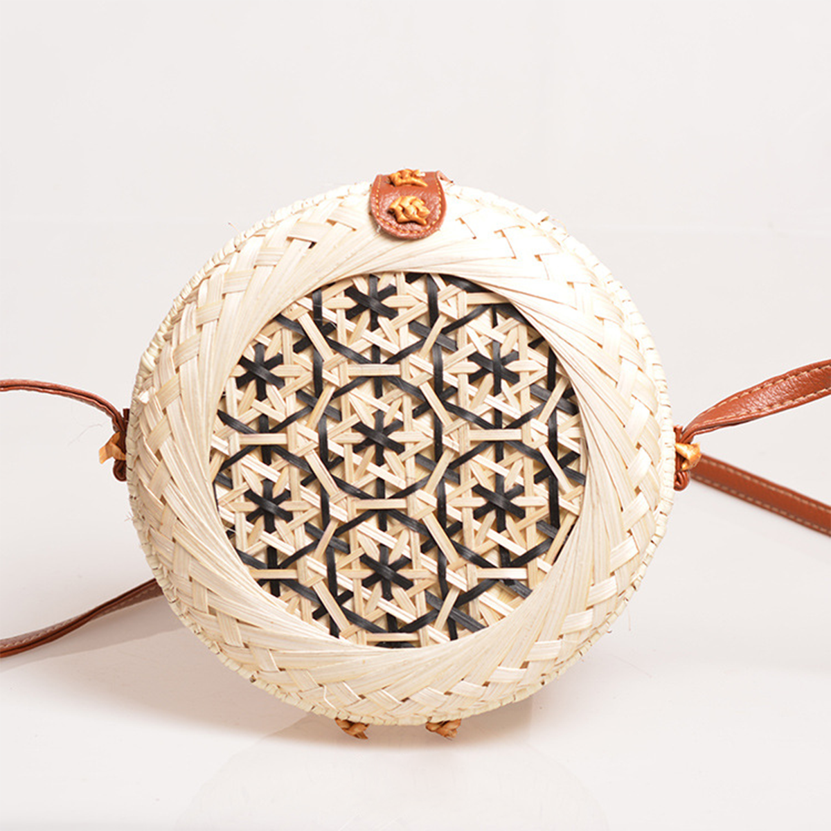 Natural Rattan Woven Colorful Pattern Round Box Crossbody Bag