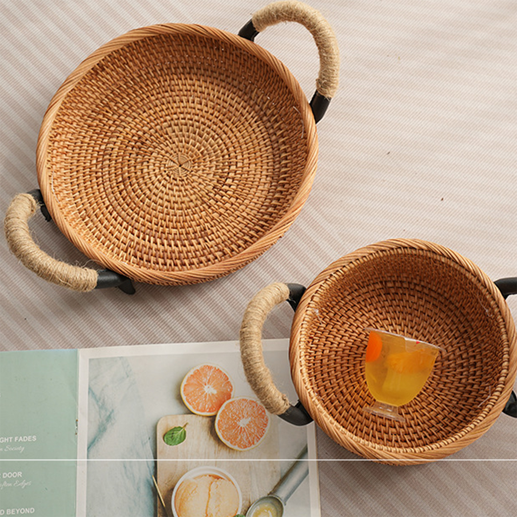Natural Rattan Storage Basket Series with Hemp Rope Handles
