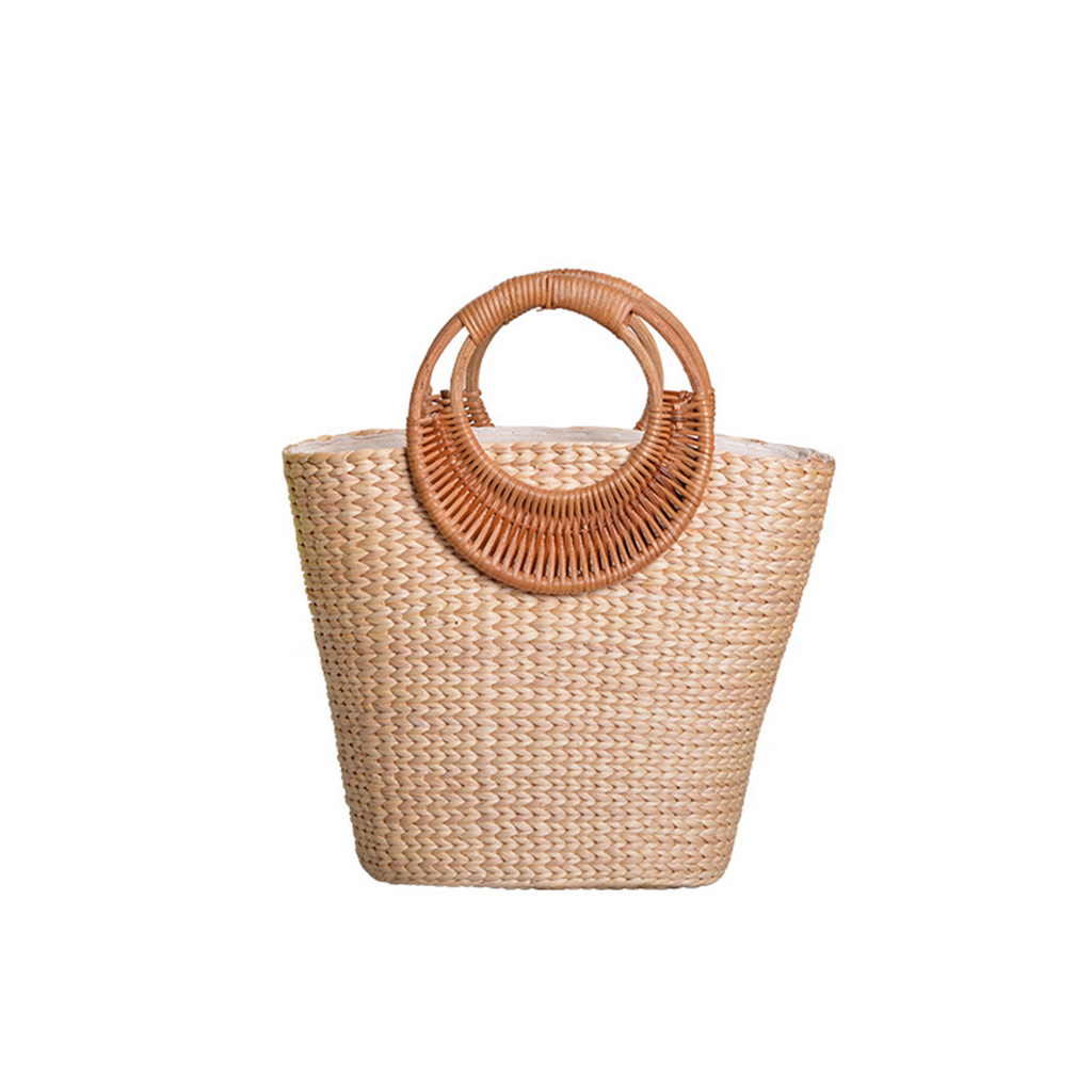 Straw-woven moon-shaped handle handbag