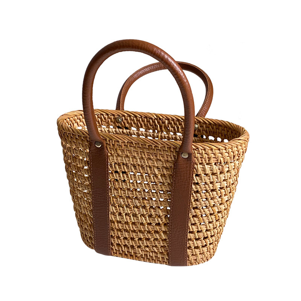 Natural primary color mango-woven contrast color leather handle handbag tote