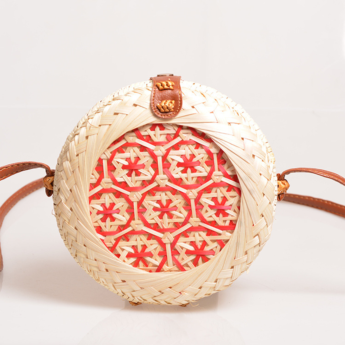 Natural Rattan Woven Colorful Pattern Round Box Crossbody Bag