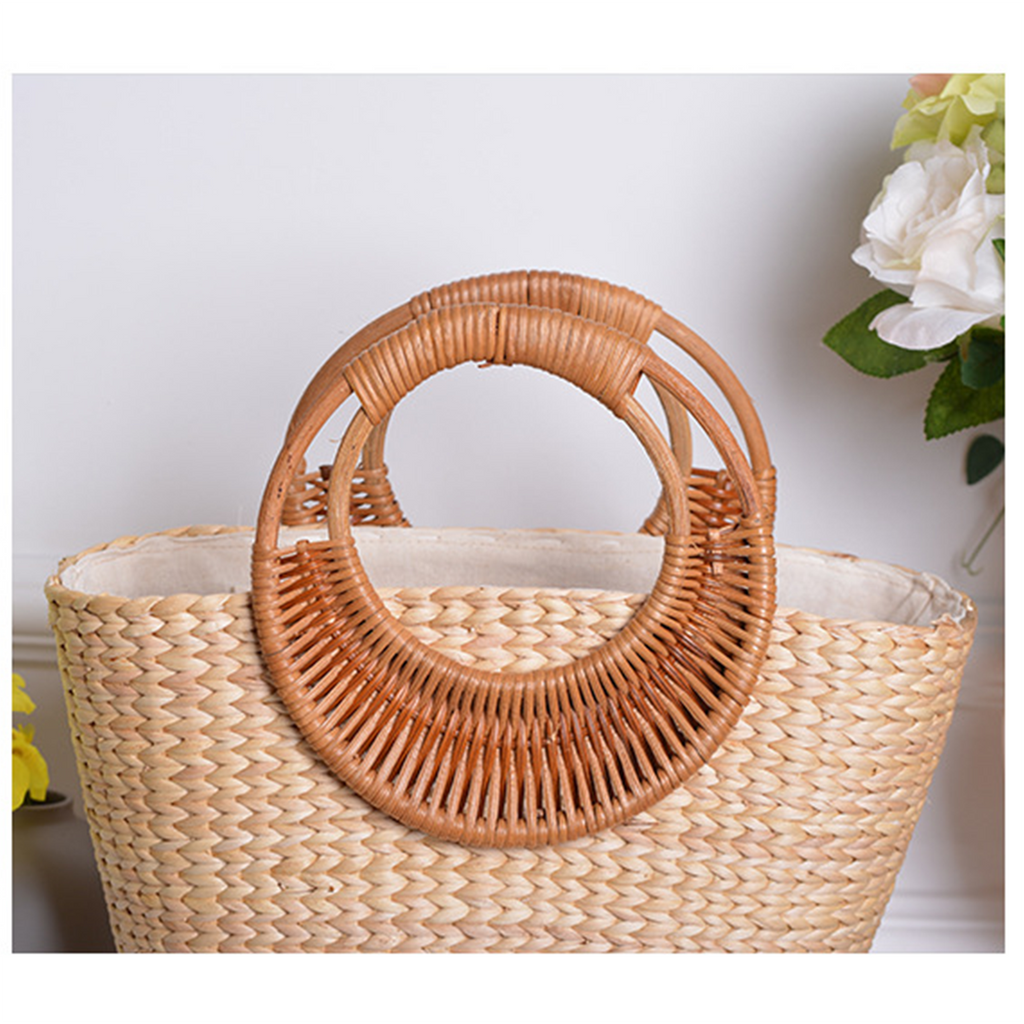 Straw-woven moon-shaped handle handbag