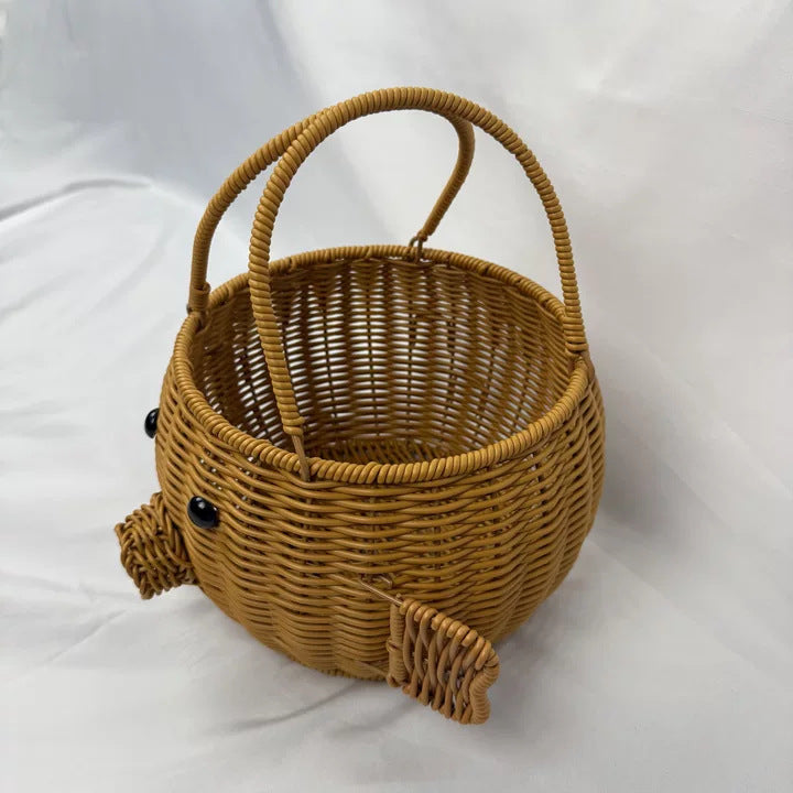 Cartoon pig-shaped rattan-like woven handbag storage basket