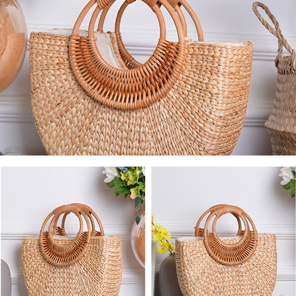 Natural straw woven moon-shaped rattan handle handbag