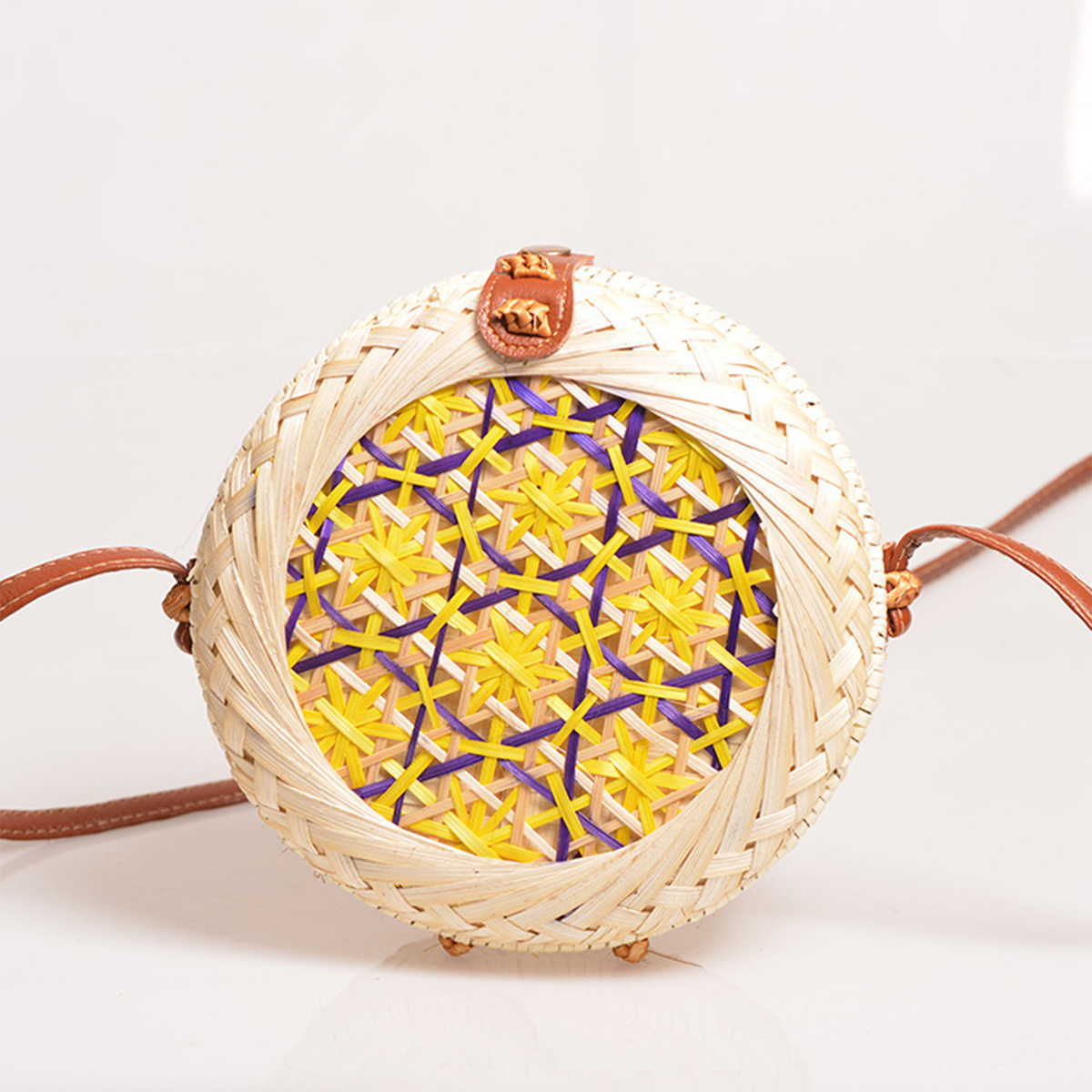 Natural Rattan Woven Colorful Pattern Round Box Crossbody Bag