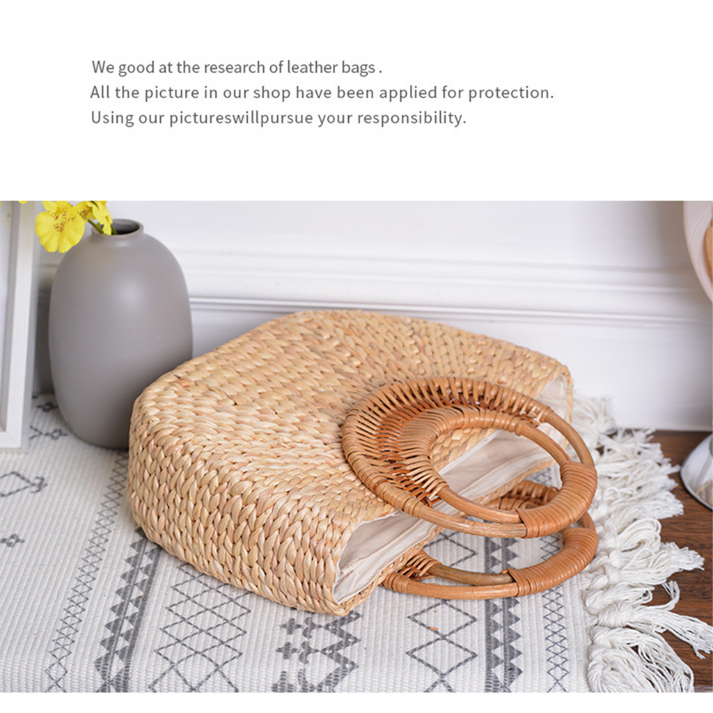Natural straw woven moon-shaped rattan handle handbag