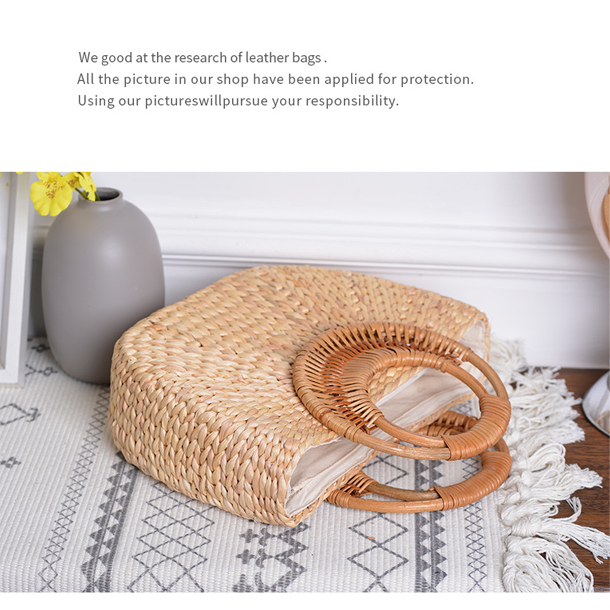 Natural straw woven moon-shaped rattan handle handbag