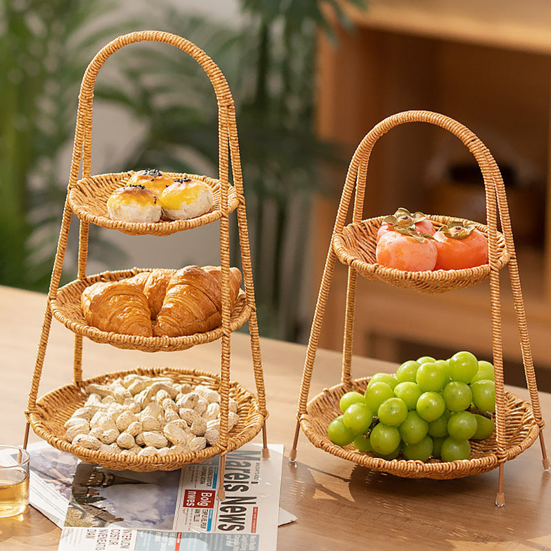Rattan-woven multi-layer hand-held snack and fruit basket