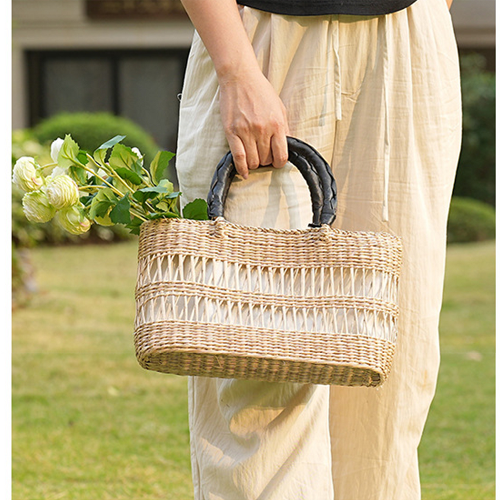 Natural straw woven hollow-out striped handbag