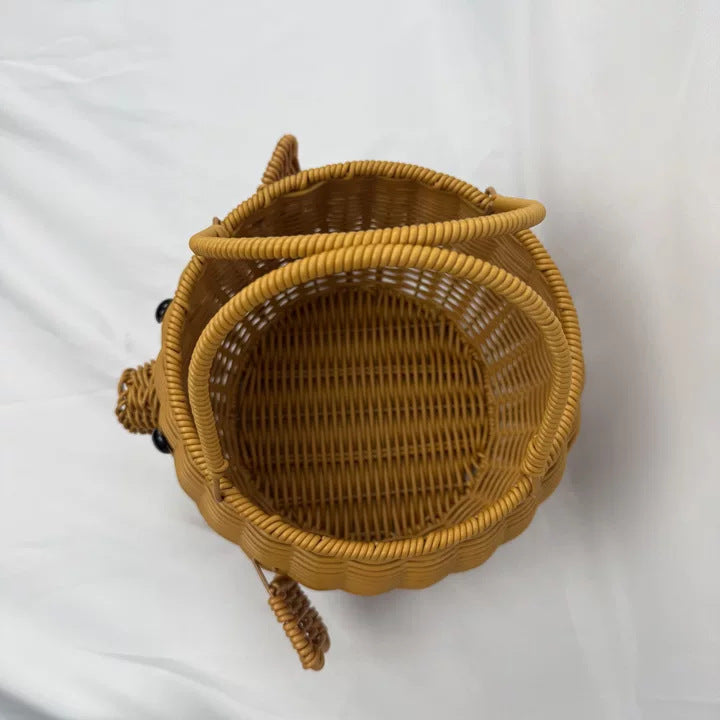 Cartoon pig-shaped rattan-like woven handbag storage basket