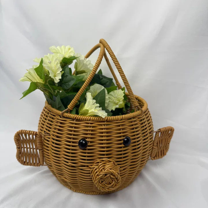 Cartoon pig-shaped rattan-like woven handbag storage basket