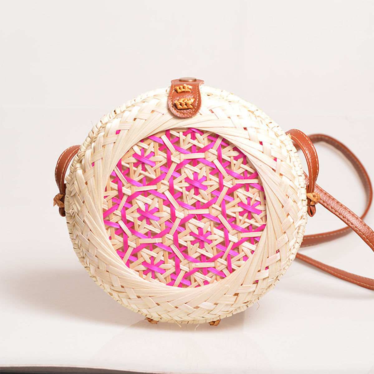 Natural Rattan Woven Colorful Pattern Round Box Crossbody Bag