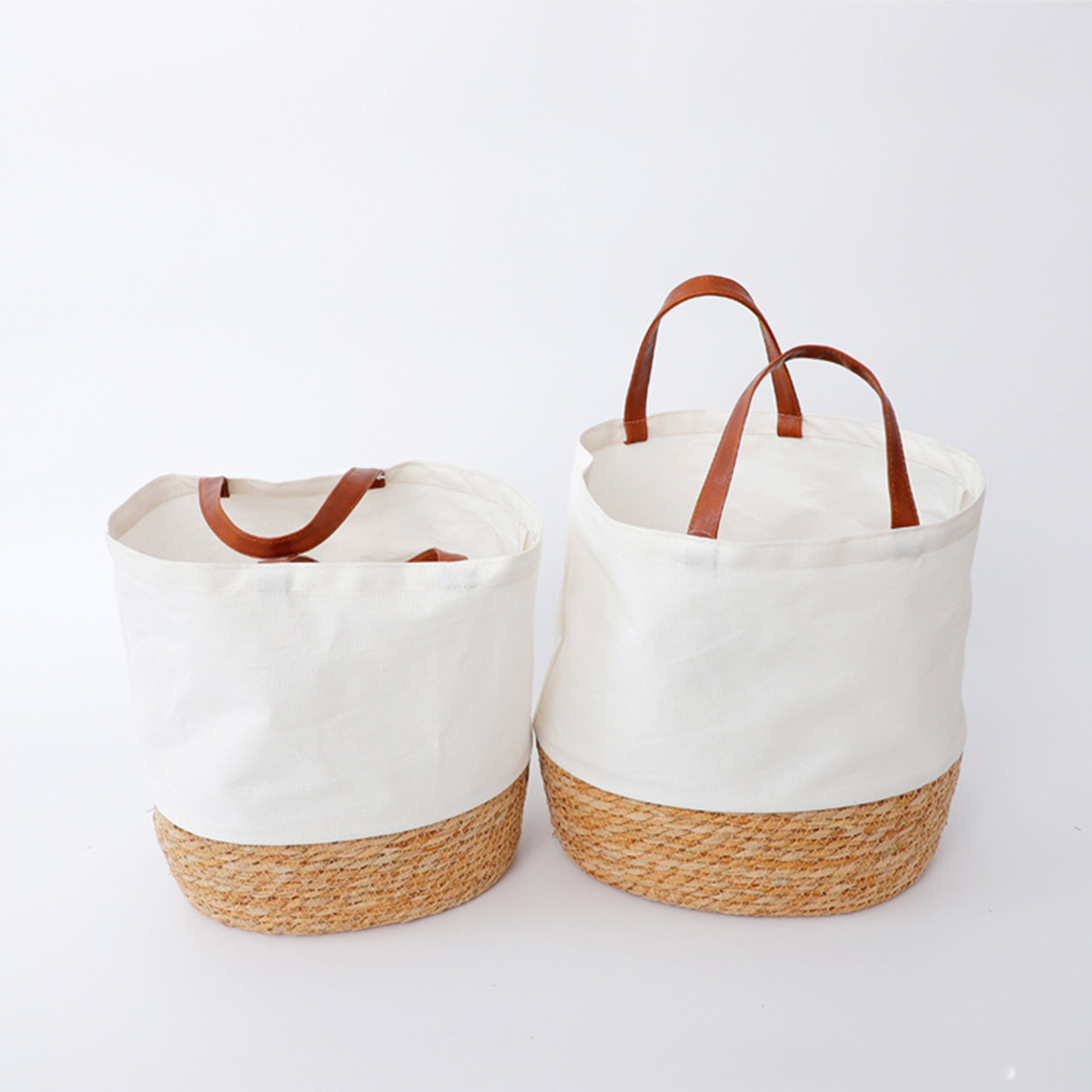 Canvas straw woven color-block cylinder handbag