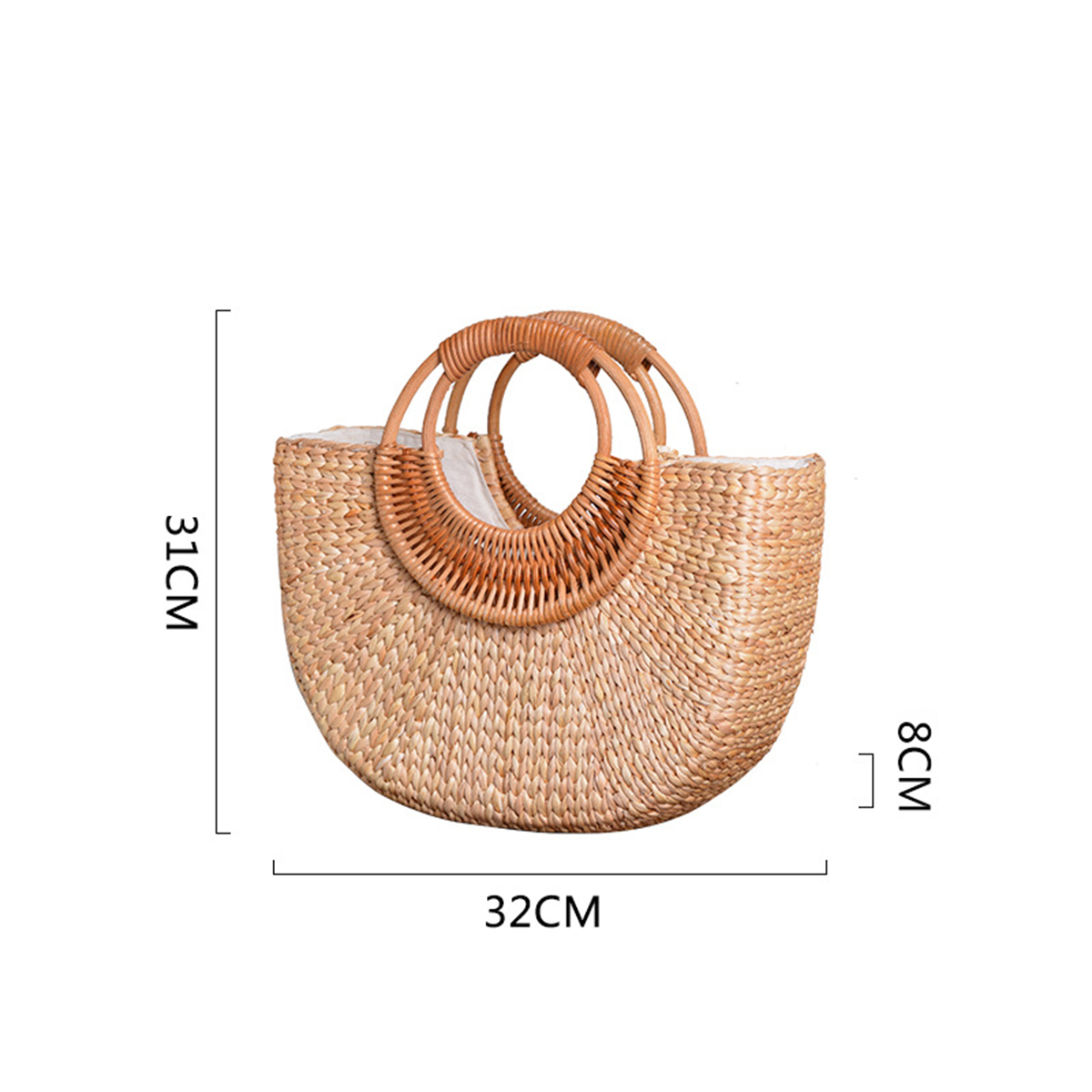 Natural straw woven moon-shaped rattan handle handbag