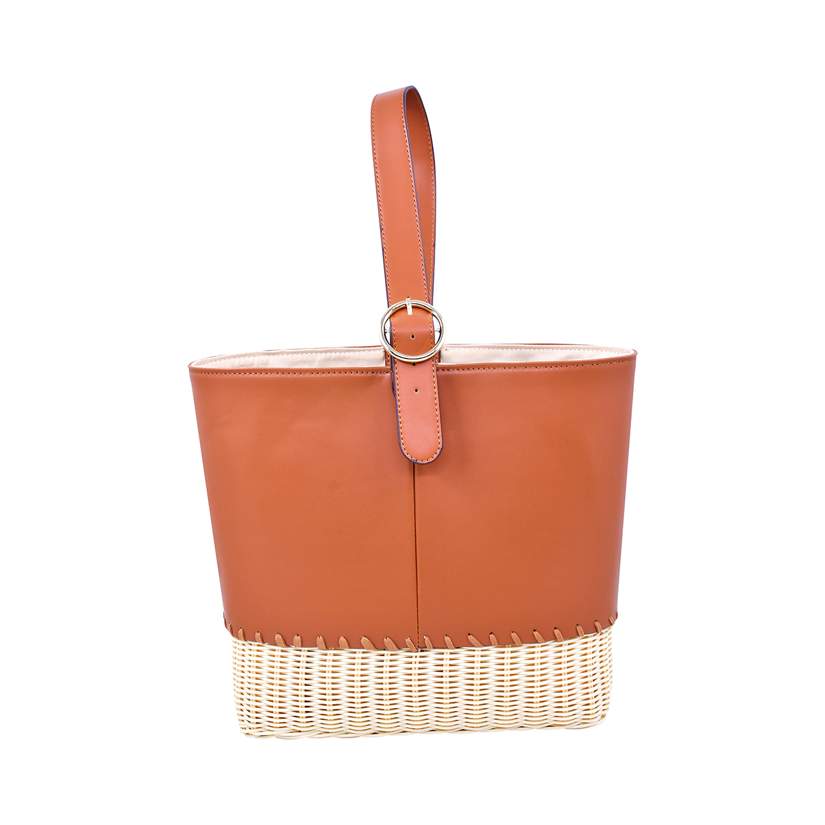 Caramel Brown Leather Rattan bucket bag