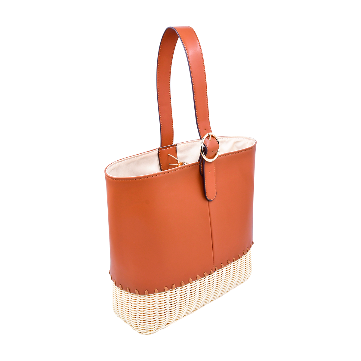 Caramel Brown Leather Rattan bucket bag