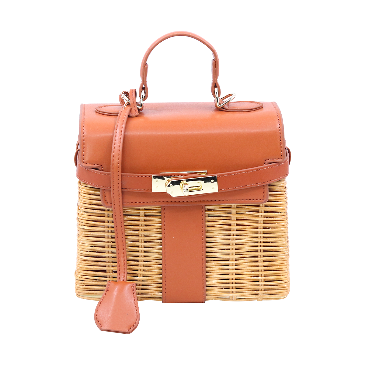 Caramel brown leather patchwork rattan crossbody bag