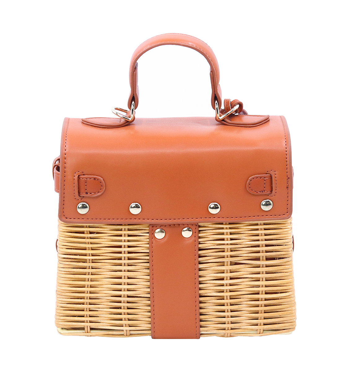 Caramel brown leather patchwork rattan crossbody bag