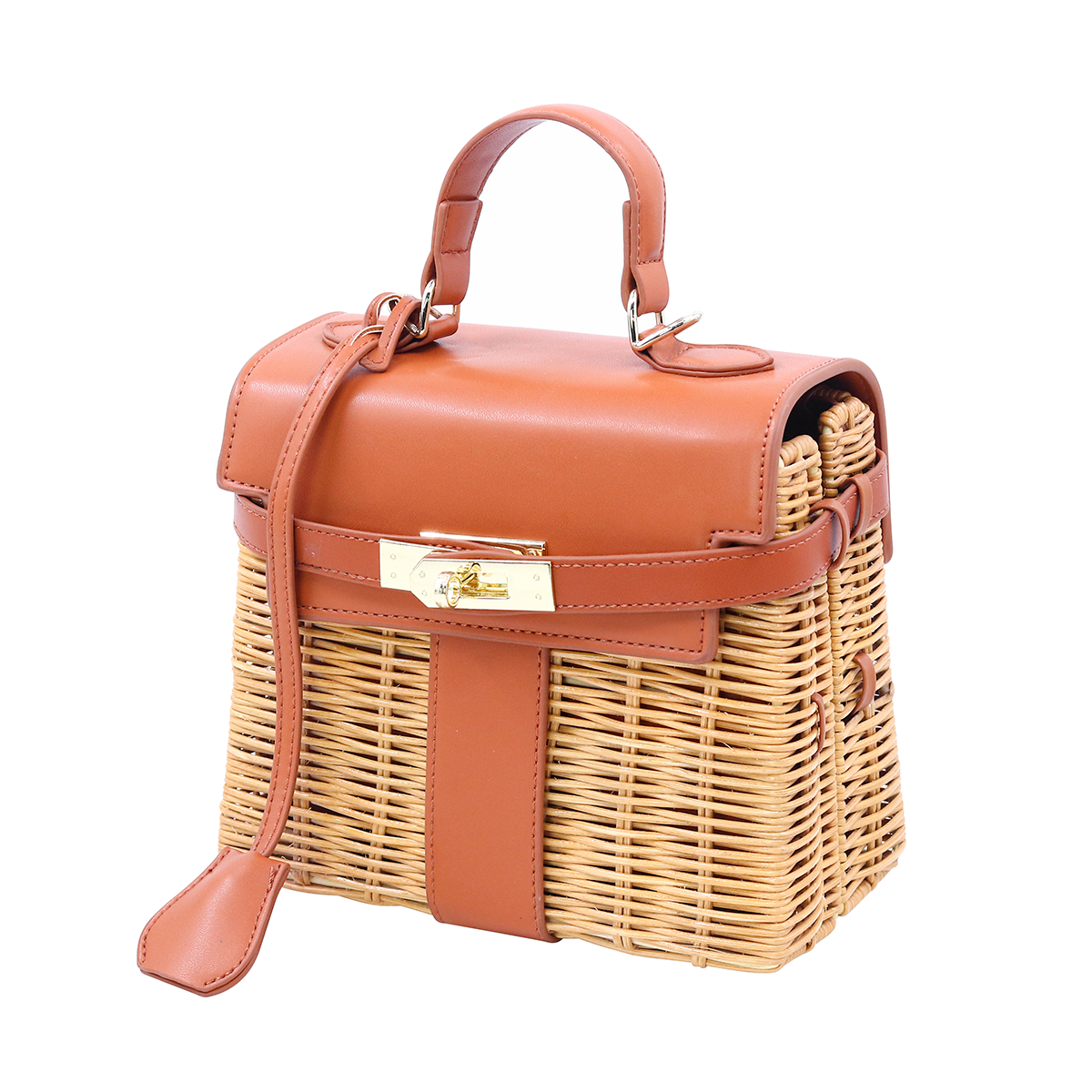 Caramel brown leather patchwork rattan crossbody bag