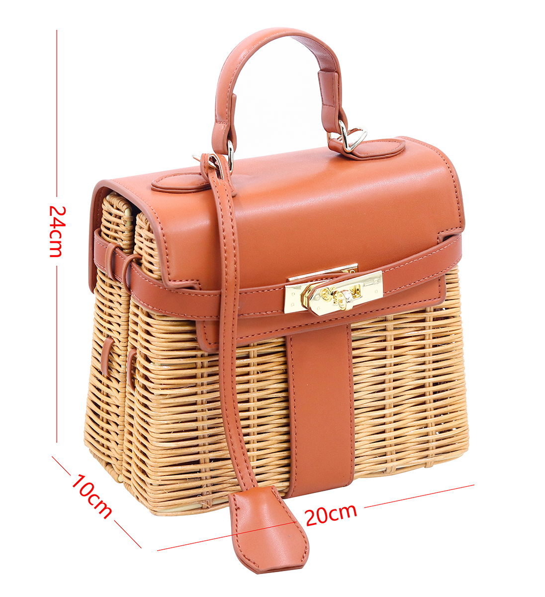 Caramel brown leather patchwork rattan crossbody bag