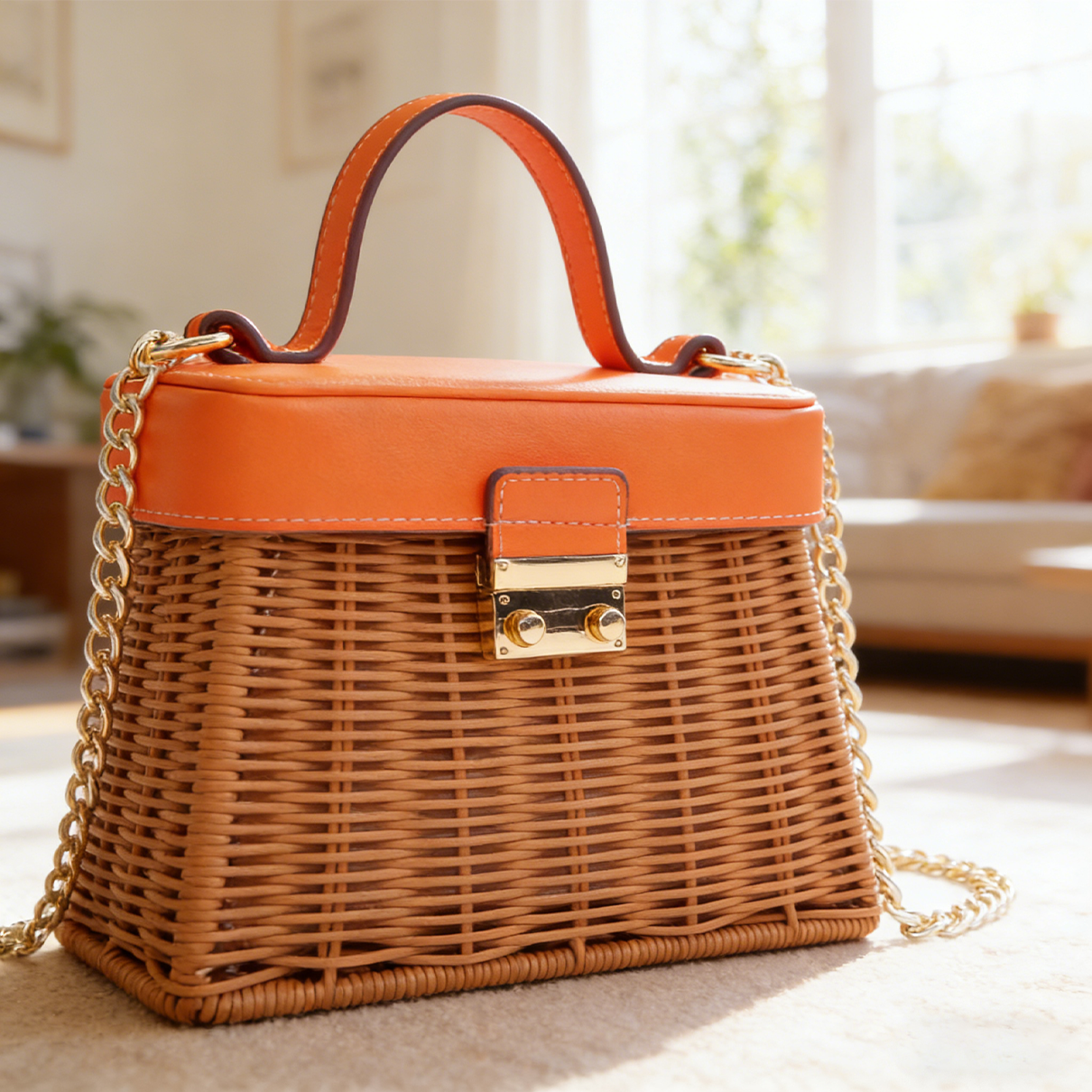 Orange Light Rattan Woven Box Bag